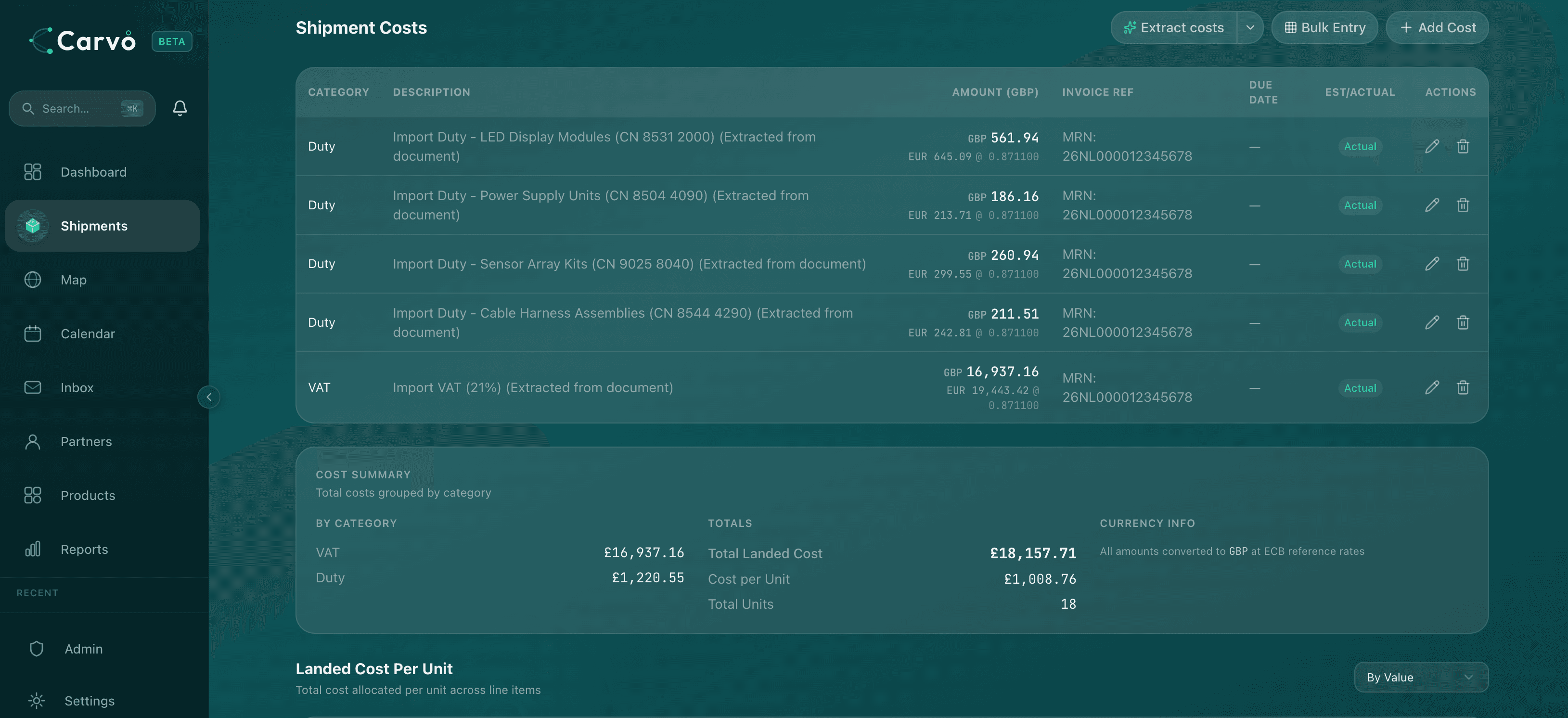 Costs tab showing duty and VAT line items with cost summary and landed cost per unit