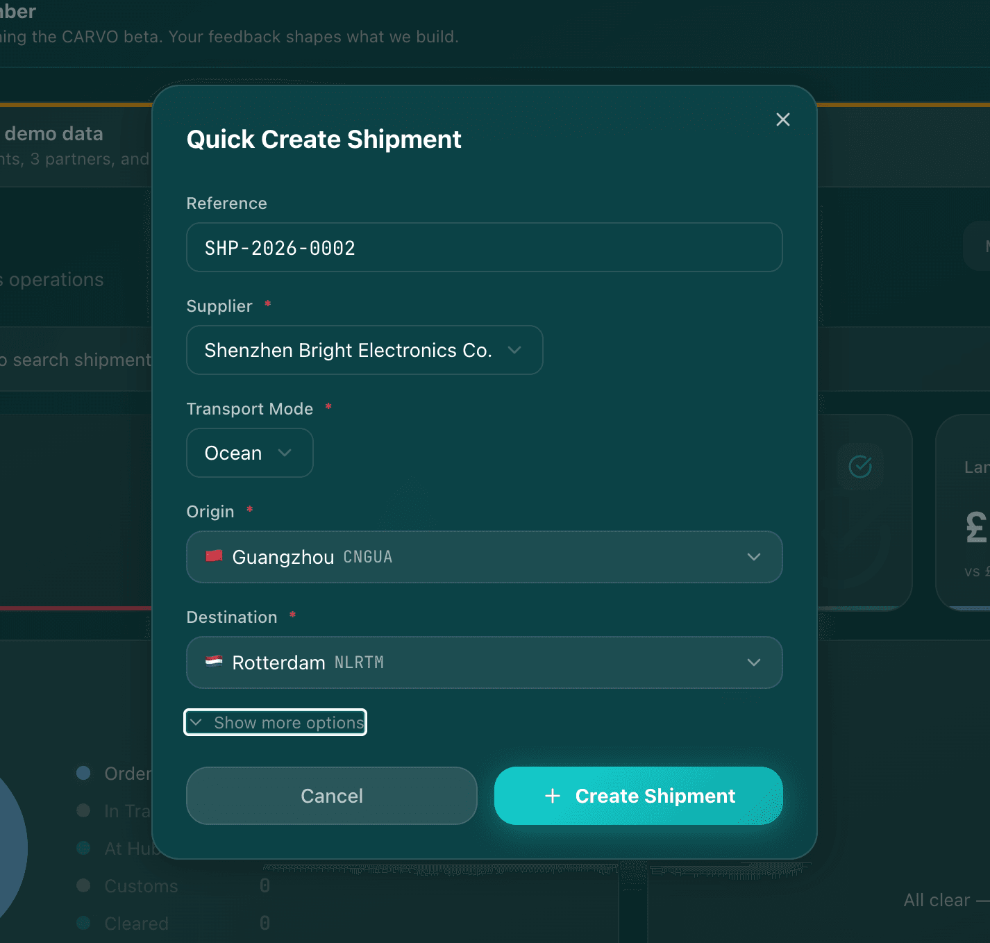 Quick Create Shipment dialog with reference, supplier, transport mode, origin and destination fields
