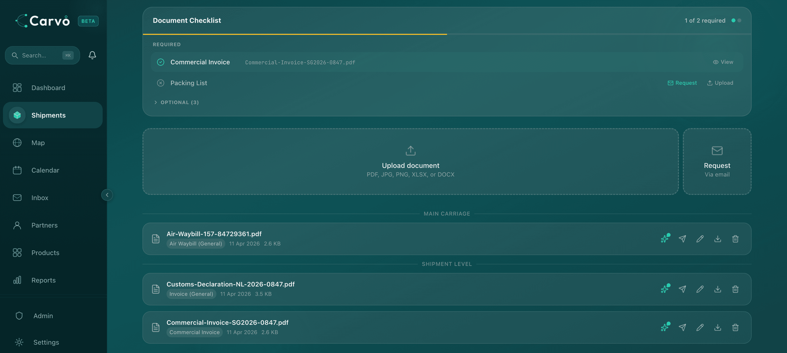 Document management showing completeness checklist, uploaded files grouped by leg, and request button
