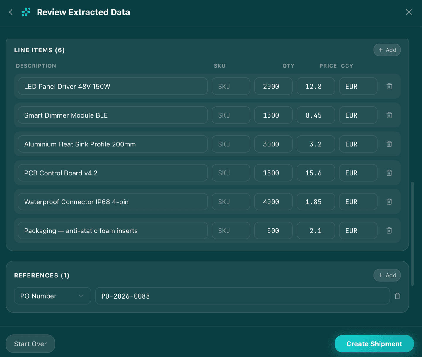 AI extraction review screen showing extracted purchase order data alongside the source document