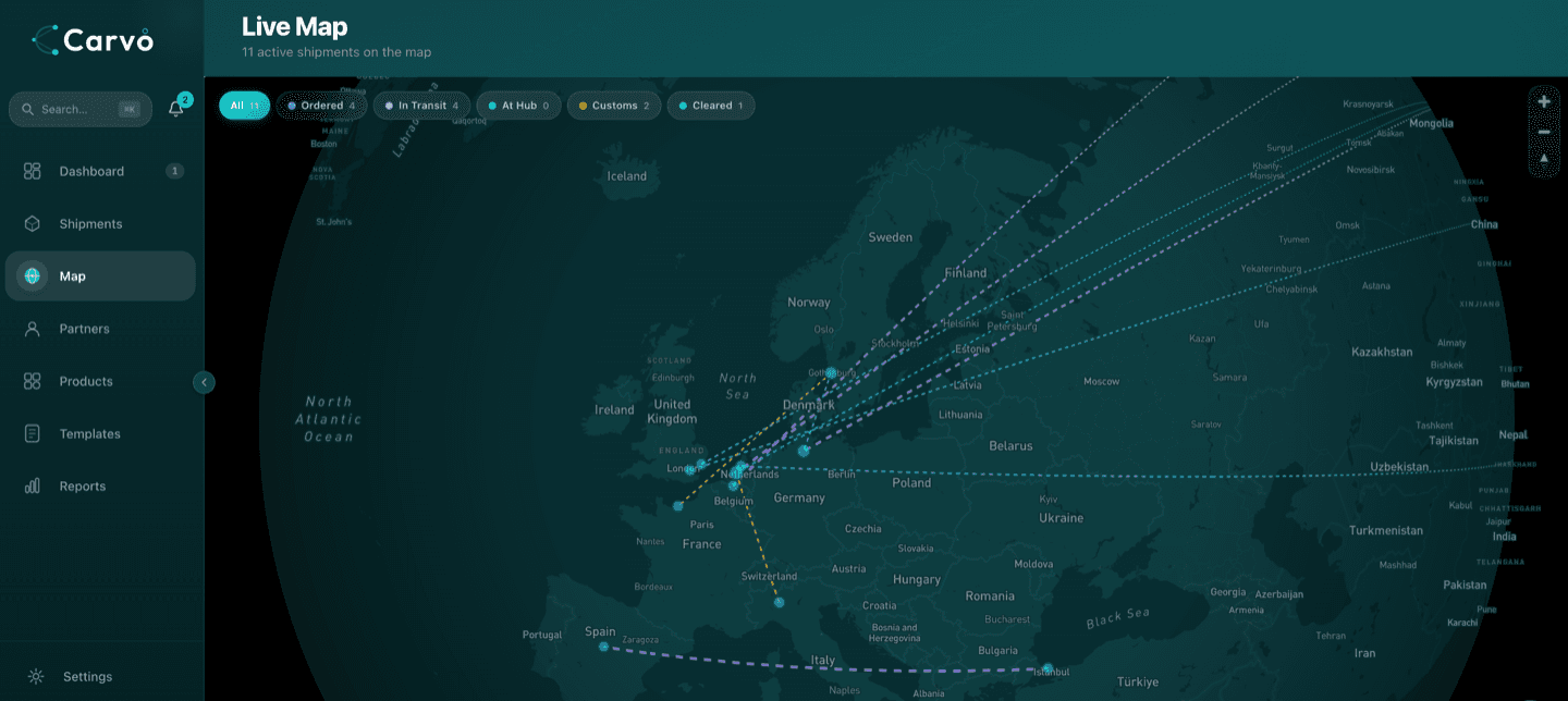 Live shipment tracking map showing ocean routes from Asia to Europe with port markers